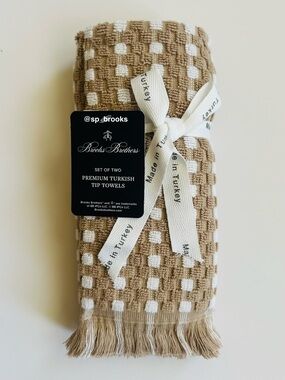 🎁2PC Brooks Brothers Premium Turkish Cotton Tip Towel Set -Waffle Tan and White